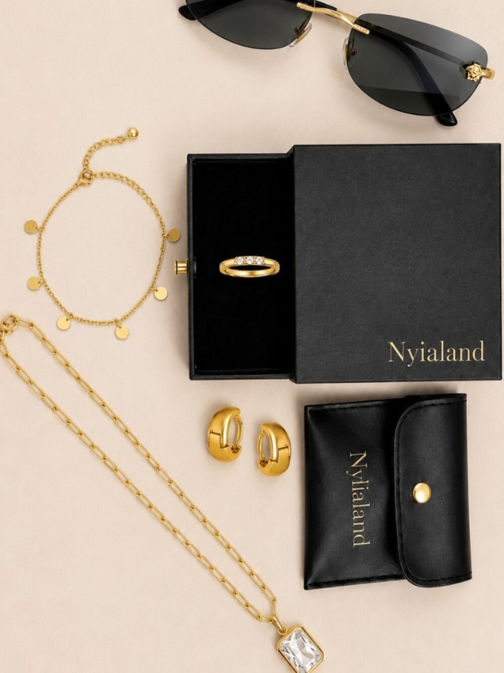 5-Piece Gold Jewelry & Black Rimless Sunglasses Bundle Set
